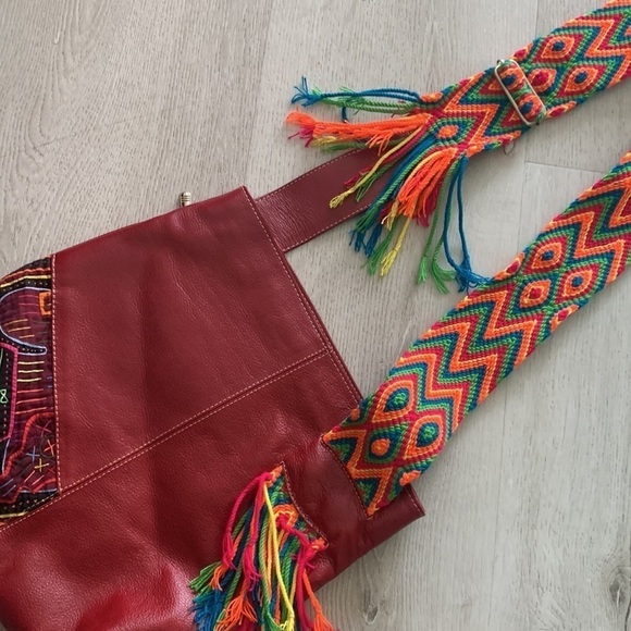 Leather bohemian red crochet red crossbody bag festive unique multicolored - Picture 10 of 16